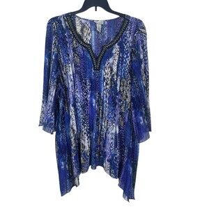 Catherines 4X Purple Abstract Sheer Tunic Top Flowy Beaded VNeck Accordion Pleat